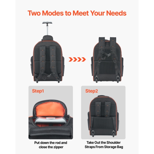 VEVOR 72 Pockets Rolling Tool Backpack, 110 lbs Load Capacity, Heavy Duty Roller Tool Bag on Wheels, Adjustable Telescoping Handle & Stable