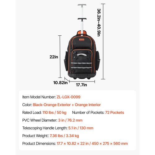 VEVOR 72 Pockets Rolling Tool Backpack, 110 lbs Load Capacity, Heavy Duty Roller Tool Bag on Wheels, Adjustable Telescoping Handle & Stable