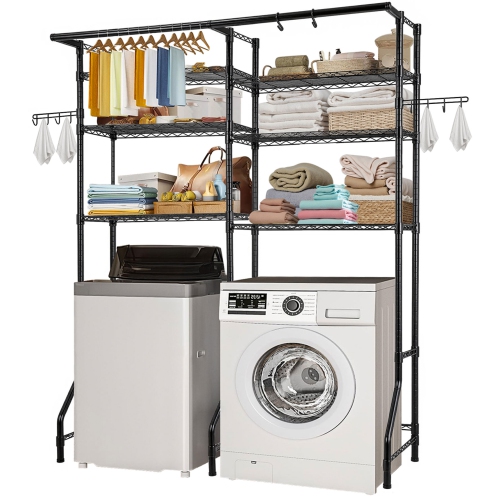 VEVOR 6 Tiers Over Washer and Dryer Storage Shelves, Laundry Room Drying Rack with Hanger Rod and Hooks, Two Rows Adjustable Washer Shelves Space