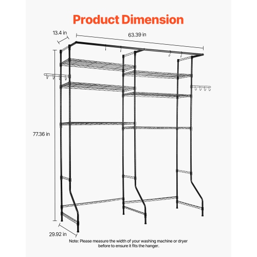 VEVOR 6 Tiers Over Washer and Dryer Storage Shelves, Laundry Room Drying Rack with Hanger Rod and Hooks, Two Rows Adjustable Washer Shelves Space