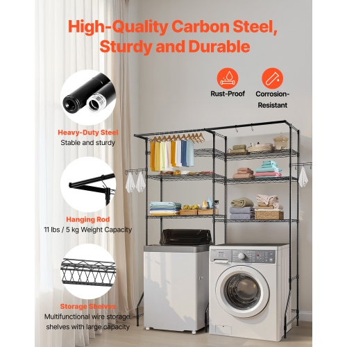VEVOR 6 Tiers Over Washer and Dryer Storage Shelves, Laundry Room Drying Rack with Hanger Rod and Hooks, Two Rows Adjustable Washer Shelves Space