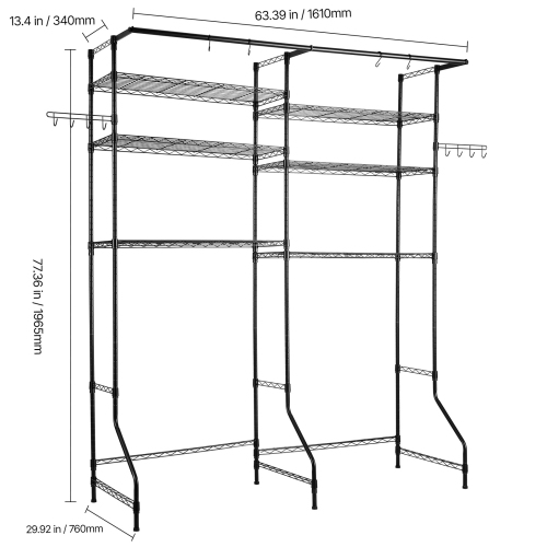 VEVOR 6 Tiers Over Washer and Dryer Storage Shelves, Laundry Room Drying Rack with Hanger Rod and Hooks, Two Rows Adjustable Washer Shelves Space