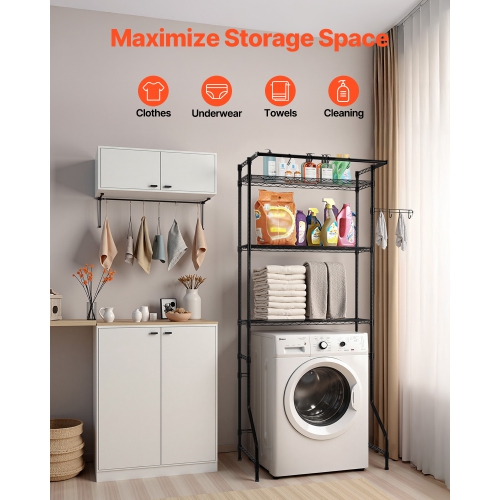 VEVOR 3 Tiers Over Washer and Dryer Storage Shelf, Laundry Room Drying Rack with Hanger Rod and Hooks, Single Row Adjustable Washer Shelves Space