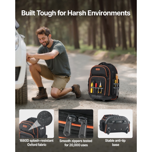 VEVOR 45 Pockets Rolling Tool Backpack, 110 lbs Load Capacity, Heavy Duty Roller Tool Bag on Wheels, Adjustable Telescoping Handle & Stable