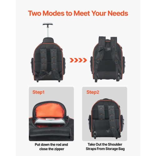 VEVOR 45 Pockets Rolling Tool Backpack, 110 lbs Load Capacity, Heavy Duty Roller Tool Bag on Wheels, Adjustable Telescoping Handle & Stable