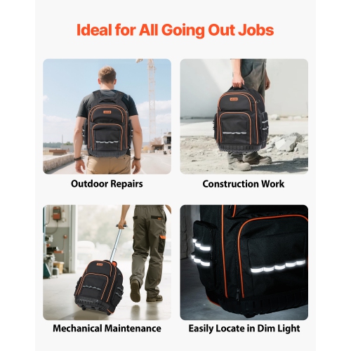 VEVOR 45 Pockets Rolling Tool Backpack, 110 lbs Load Capacity, Heavy Duty Roller Tool Bag on Wheels, Adjustable Telescoping Handle & Stable