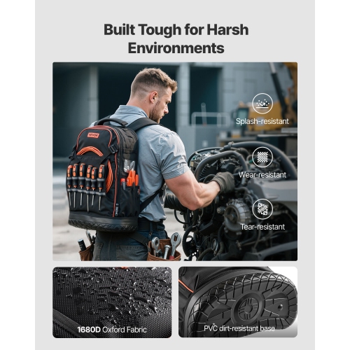 VEVOR 65 Pockets Tool Backpack, Heavy-duty Tools Storage Organizer Work Bags with Laptop Compartment & Molded Base, Electrician Jobsite Backpack for