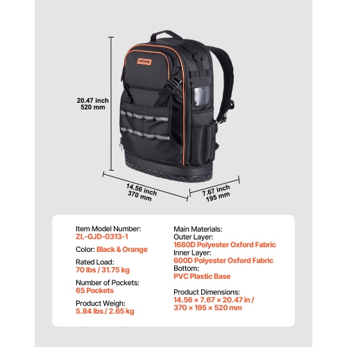 VEVOR 65 Pockets Tool Backpack, Heavy-duty Tools Storage Organizer Work Bags with Laptop Compartment & Molded Base, Electrician Jobsite Backpack for