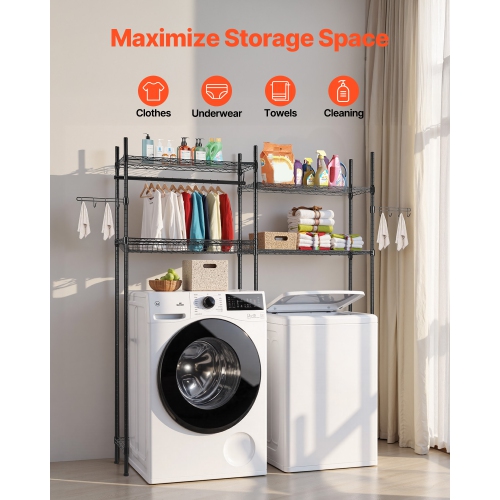 VEVOR 4 Tiers Over Washer and Dryer Storage Shelves, Laundry Room Drying Rack with Hanger Rod and Hooks, Two Rows Adjustable Washer Shelves Space