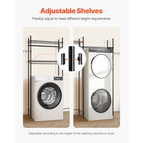 VEVOR 4 Tiers Over Washer and Dryer Storage Shelves, Laundry Room Drying Rack with Hanger Rod and Hooks, Two Rows Adjustable Washer Shelves Space