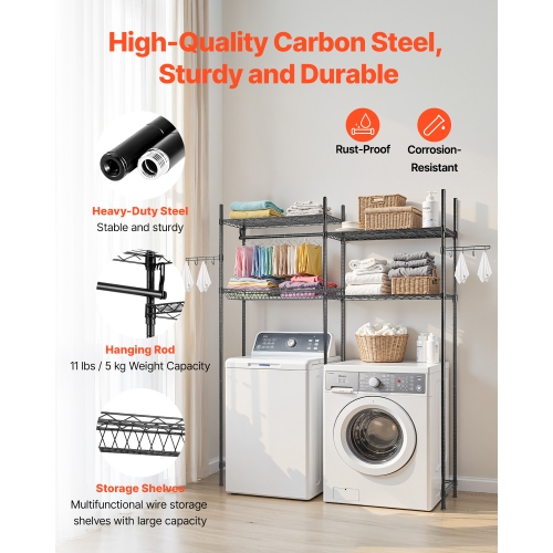 VEVOR 4 Tiers Over Washer and Dryer Storage Shelves, Laundry Room Drying Rack with Hanger Rod and Hooks, Two Rows Adjustable Washer Shelves Space