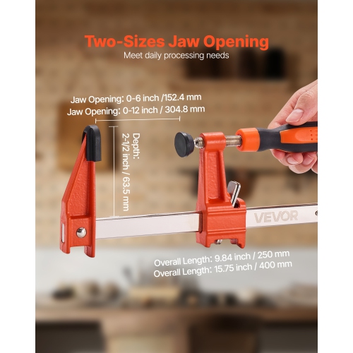 VEVOR 2-1/2 inch Depth Bar Clamps for Woodworking,2-Pack 6 inch and 2-Pack 12 inch,Lockable F-Clamp with 600 lbs Load Limit,Cast Iron and Carbon