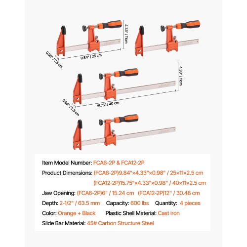 VEVOR 2-1/2 inch Depth Bar Clamps for Woodworking,2-Pack 6 inch and 2-Pack 12 inch,Lockable F-Clamp with 600 lbs Load Limit,Cast Iron and Carbon