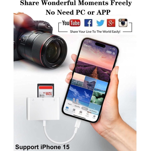 USB C SD Card Reader for iPhone 16 15, 3 in 1 USB-C Memory Camera Card Reader with SD MicroSD USB 3 Ports for iPhone 15 16, iPad Pro MacBook and More