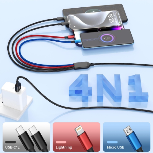 Dual Type C 4 in 1 Charging Cable 2Pack 4FT, Multi Charging Cable for Multiple Ends, Universal USB Cable with IP/Micro USB/Dual USB C Port Compatible