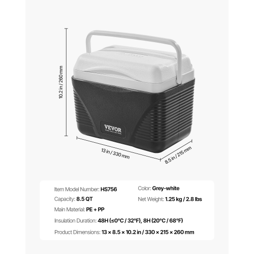 VEVOR 8.5 QT Portable Cooler, Hard Cooler with Ice Retention and Heavy-Duty Handles, Lightweight Rigid Material Insulated Portable Cooler, for Family