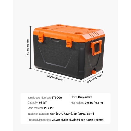 VEVOR 63 QT Portable Cooler, Hard Cooler with Ice Retention, Heavy-Duty Handles and Cup Holder, Lightweight Rigid Material Insulated Portable Cooler,