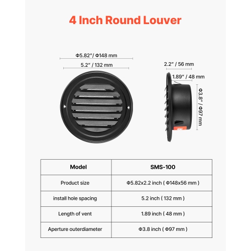 VEVOR 4 inch Wall Vent Cover, Louvered Round AC Vent Gable Cover, Premium Stainless Steel & with Built-in a Protection Screen, for