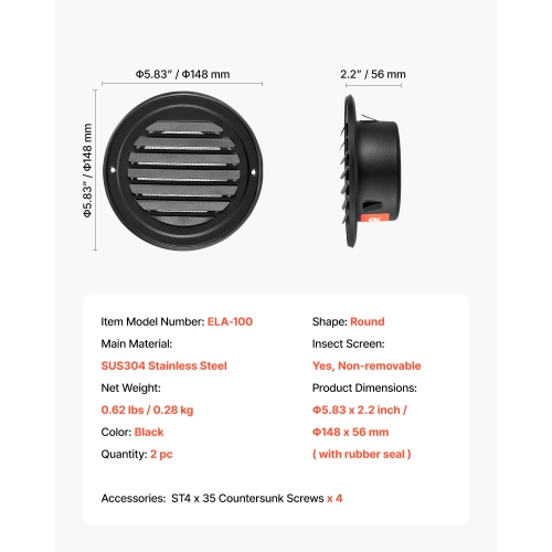 VEVOR 4 inch Wall Vent Cover, Louvered Round AC Vent Gable Cover, Premium Stainless Steel & with Built-in a Protection Screen, for