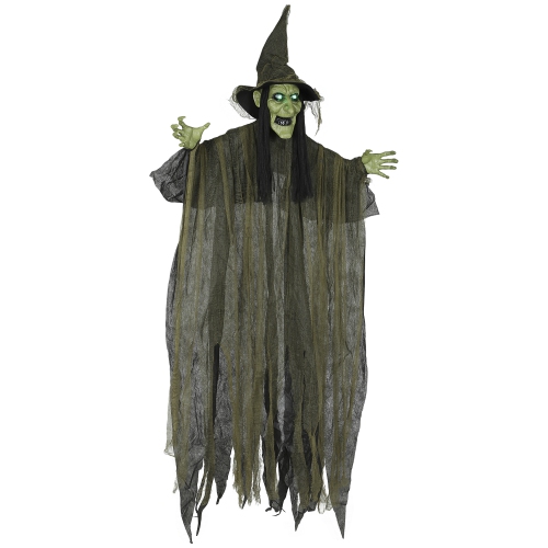 OUTSUNNY  5.6Ft Life-Size Halloween Animatronics Hanging Witch, Animated Wicked Witch w Flashing Eyes, Wicked Laughter, Sound Activated Halloween