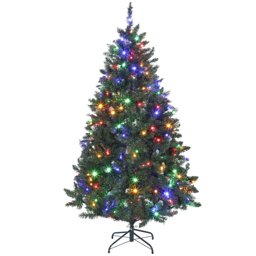 HOMCOM 6 ft Prelit Frosted Christmas Tree, Full Spruce Holiday Decor with Dual Colour LED Light, Dense Branches, 9 Light Modes, Hinged Xmas Tree with