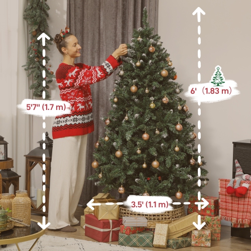 HOMCOM 6 ft Prelit Frosted Christmas Tree, Full Spruce Holiday Decor with Dual Colour LED Light, Dense Branches, 9 Light Modes, Hinged Xmas Tree with