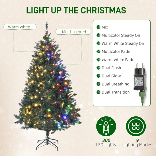 HOMCOM 6 ft Prelit Frosted Christmas Tree, Full Spruce Holiday Decor with Dual Colour LED Light, Dense Branches, 9 Light Modes, Hinged Xmas Tree with