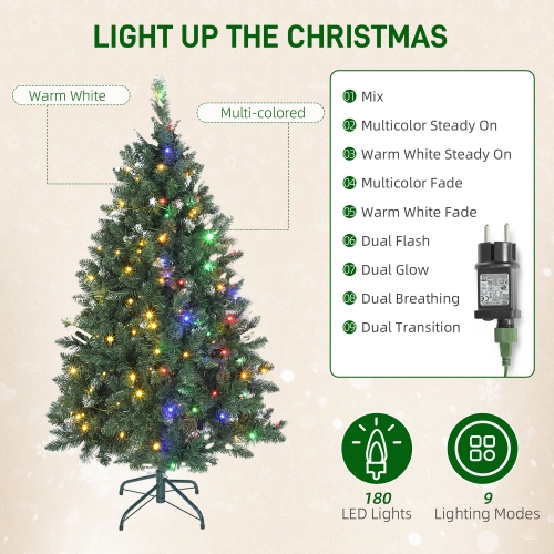 HOMCOM 5 ft Prelit Frosted Christmas Tree, Full Spruce Holiday Decor with Dual Colour LED Light, Dense Branches, 9 Light Modes, Hinged Xmas Tree with
