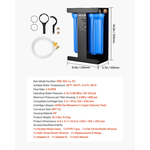 VEVOR 2-Cartridge RV Water Filtration System, Water Filter System for Campers, Remove Chlorine, Bad Tastes, Odors, and Most Contaminants, RV Filter