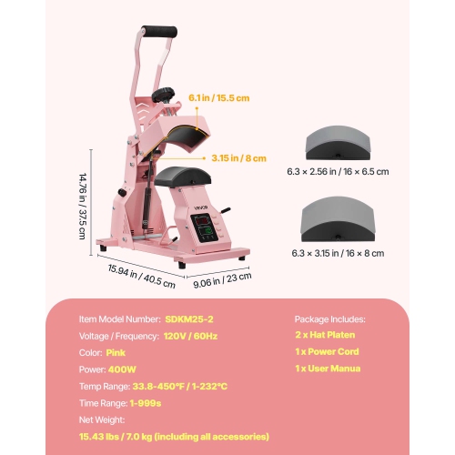 VEVOR Hat Heat Press Machine, with 2pcs Interchangeable Platens, Precise Temperature and Time Control, Hat Press for HTV Iron On and Sublimation