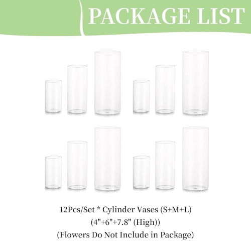 NIERBO Glass Cylinder Vases Set of 12, Hurricane Candle Holder Clear, Glass Cylinder Vase, Glass Vases for Centerpieces for Home Decor Wedding