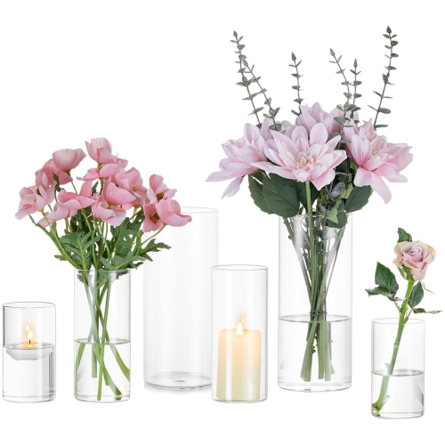 NIERBO Glass Cylinder Vases Set of 6, Hurricane Candle Holder Clear, Glass Cylinder Vase, Glass Vases for Centerpieces for Home Decor Wedding