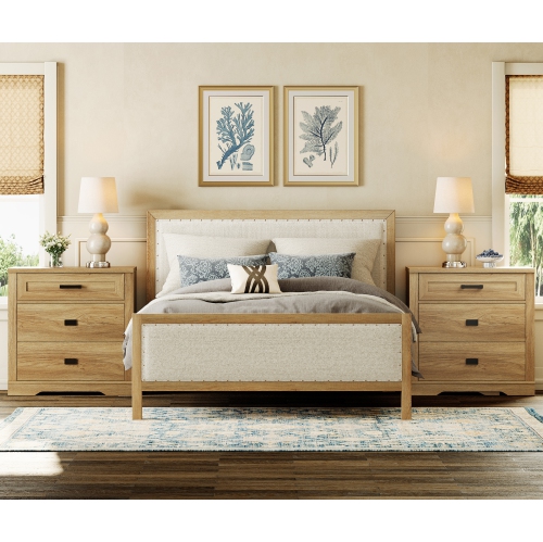 WAMPAT Solid Wood Nightstand Set of 2,Farmhouse Bedside Cabinet with 6 Drawers for Bedroom,31.9'' H X 63'' W X 15.4'' D,Retro Oak