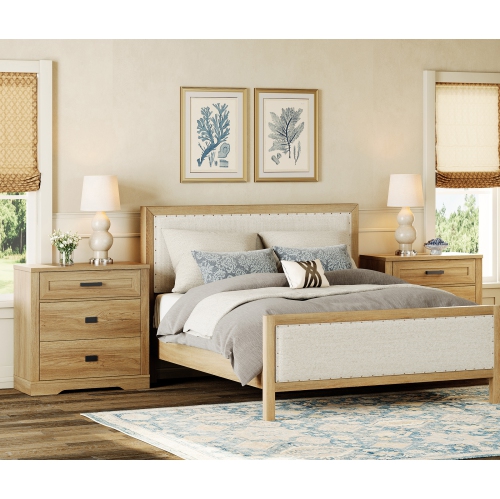 WAMPAT Solid Wood Nightstand Set of 2,Farmhouse Bedside Cabinet with 6 Drawers for Bedroom,31.9'' H X 63'' W X 15.4'' D,Retro Oak