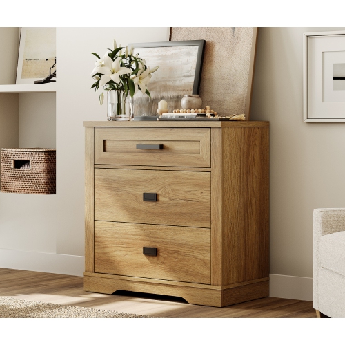 WAMPAT Wide Solid Wood Nightstand,Farmhouse Bedside Table with 3 Drawers for Bedroom,31.9'' H X 31.5'' W X 15.4'' D,Retro Oak