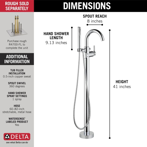 Delta Faucet Trinsic Floor-Mount Freestanding Tub Filler with Hand Held Shower, Chrome Bathtub Faucet