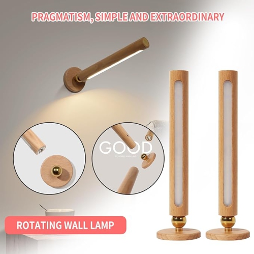 2pcs Rotatable Wooden Led Wall Lamp Magnetic USB Rechargeable Wall Sconces Battery Operated Led Night Light for Household