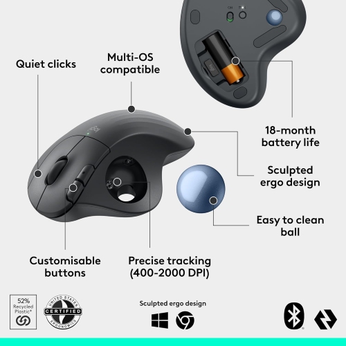 Logitech Ergo M575S Wireless Trackball Mouse, Wireless Ergonomic Mouse with Bluetooth and Encrypted Dongle, Comfortable Thumb Control, PC/Mac - Black