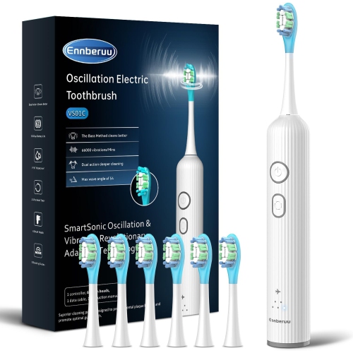 EnnbeRuu Oscillating & Vibrating Electric Toothbrush for Adults and Teens, Wireless Sonic Electric Toothbrushwith 6 Brush Heads, IPX7 Waterproof, 60