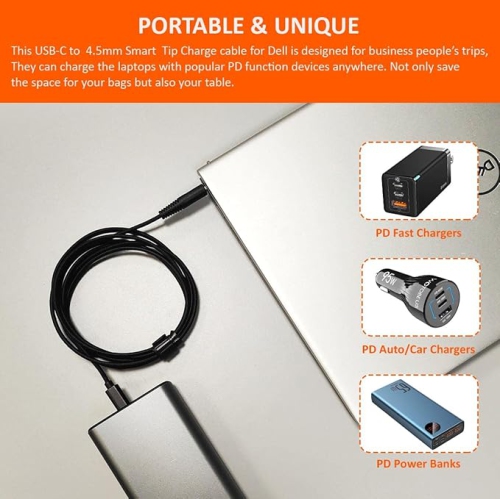 USB C to 4.5mm Smart Tip Laptop Charging Cable Adapter for Dell 19.5v 2.31a 45w 3.34a 65w 4.62a 90w 6.67a 130w max Nylon Braided 1.8m