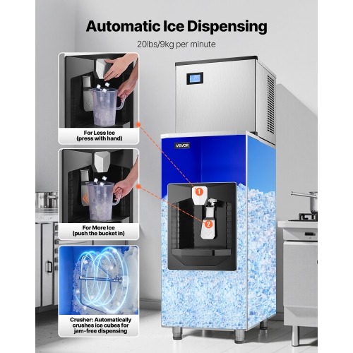 VEVOR 500 Lbs/Day Commercial Ice Maker, Ice Maker Machine, 180 Lbs Large Ice Storage Bin with 20 Lbs/Min Automatic Ice Dispensing,Self-Cleaning Ice
