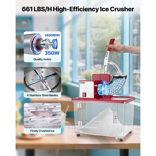 VEVOR 661LBS/H Commercial Ice Crusher, 350W Electric Snow Cone Machine with 4 Blades, 2000RPM Stainless Steel Shaved Ice Machine with 11 Gal