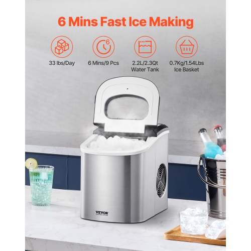 VEVOR 33lbs in 24Hrs Countertop Ice Maker, 9 Cubes Ready in 6 Mins, Self-Cleaning Portable Ice Maker with Ice Scoop and Basket, Ice Machine with 2
