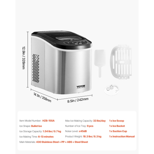 VEVOR 33lbs in 24Hrs Countertop Ice Maker, 9 Cubes Ready in 6 Mins, Self-Cleaning Portable Ice Maker with Ice Scoop and Basket, Ice Machine with 2
