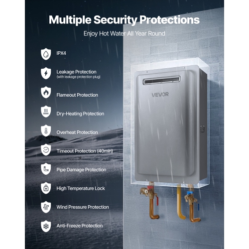 VEVOR 8Gal Propane Tankless Water Heater,Outdoor 191000 BTU Instant Hot Water Heater,Smart Temperature Control & 3/4 inch NPT Interface& Multiple