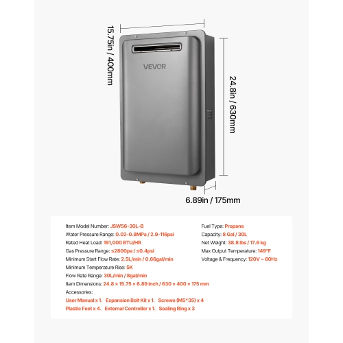 VEVOR 8Gal Propane Tankless Water Heater,Outdoor 191000 BTU Instant Hot Water Heater,Smart Temperature Control & 3/4 inch NPT Interface& Multiple