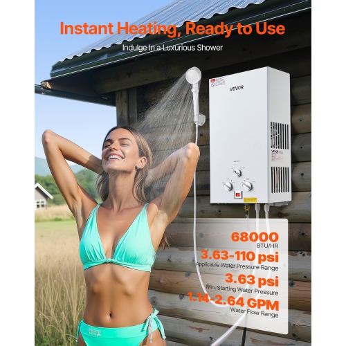 VEVOR 10L Portable Propane Water Heater, Tankless Outdoor Water Heater, 68000 BTU 2.64 GPM Instant Hot Water, with Accessory Set + Regulator for RV