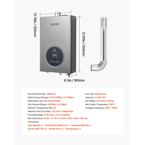 VEVOR 4.3Gal Gas Tankless Water Heater, Indoor 100000 BTU Instant Hot Water Heater, Smart Temperature Control & Clear LED Display & Multiple Security
