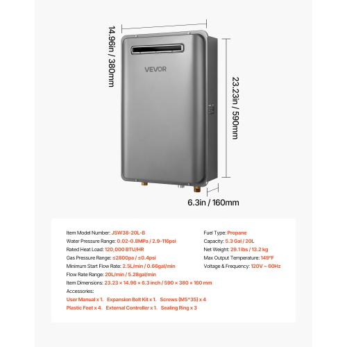 VEVOR 5.3Gal Propane Tankless Water Heater,Outdoor 120000 BTU Instant Hot Water Heater,Smart Temperature Control & 3/4 inch NPT Interface& Multiple