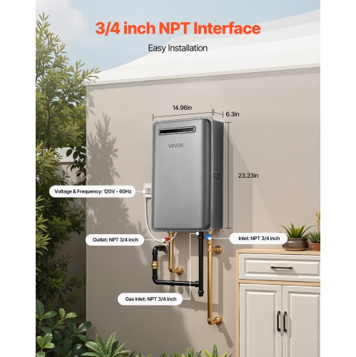 VEVOR 5.3Gal Gas Tankless Water Heater, Outdoor 120000 BTU Instant Hot Water Heater, Smart Temperature Control & 3/4 inch NPT Interface& Multiple